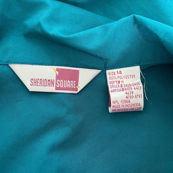 Vintage Blouse Top Size 14 Teal Blue Minimal Long Sleeve Button Office 80s 90s - Picture 8 of 11